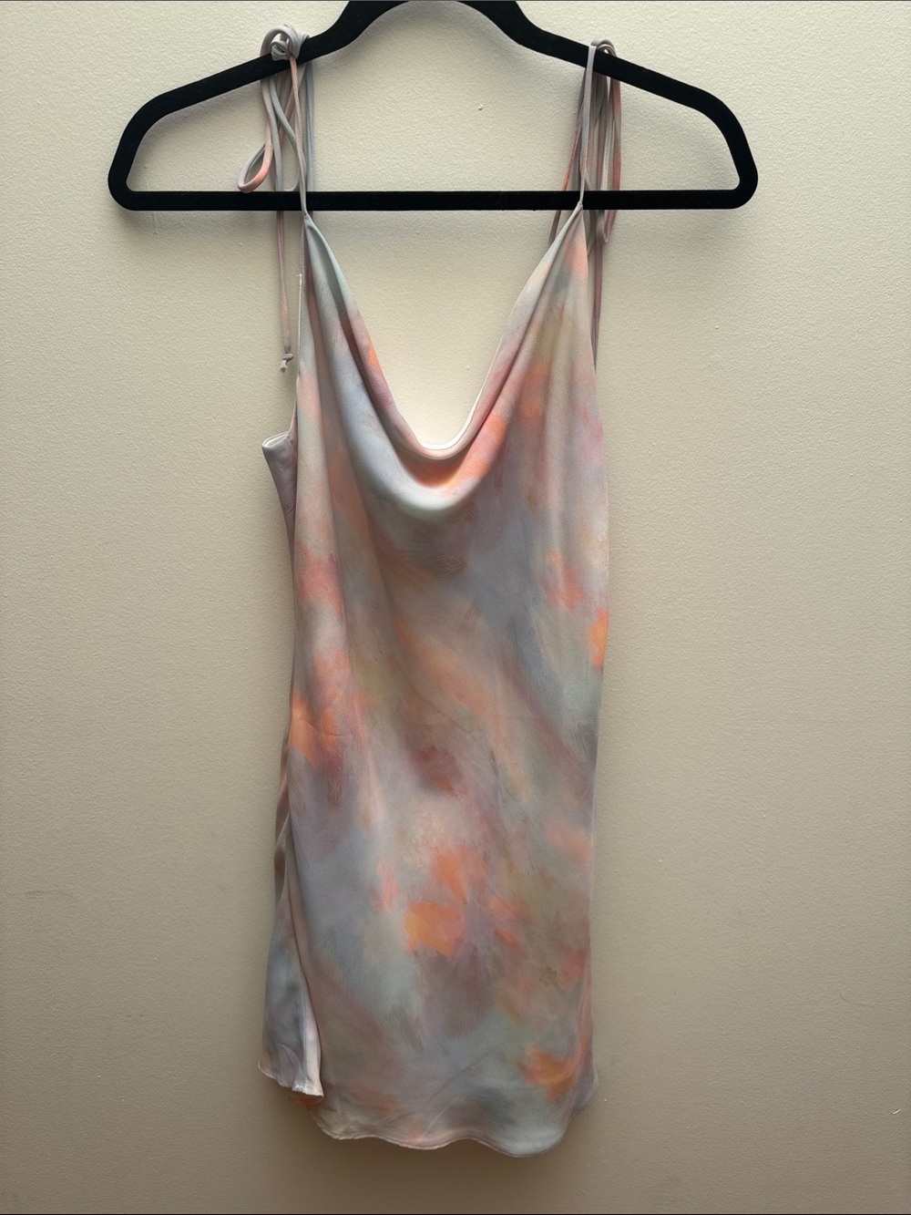 Tie-Strap Cowl Neck Mini Dress in Pastel Watercolor